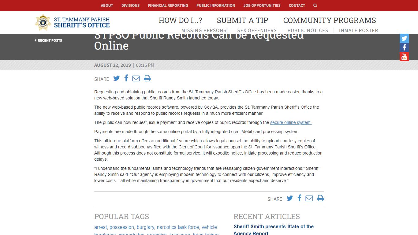 STPSO Public Records Can be Requested Online - St. Tammany Parish ...